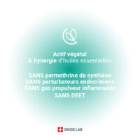 Actif végétal & synergie d'huiles essentielles - SANS permethrine de synthèse, SANS DEET, SANS perturbateurs endocriniens, SANS gaz propulseur inflamable.