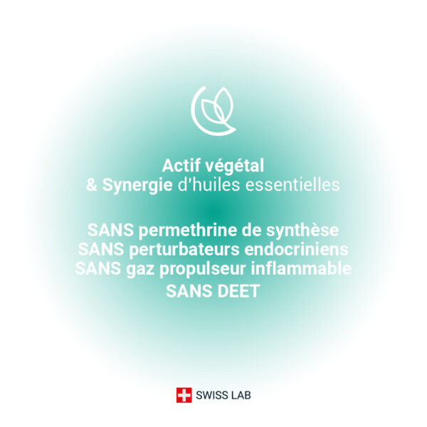 Actif végétal & synergie d'huiles essentielles - SANS permethrine de synthèse, SANS DEET, SANS perturbateurs endocriniens, SANS gaz propulseur inflamable.