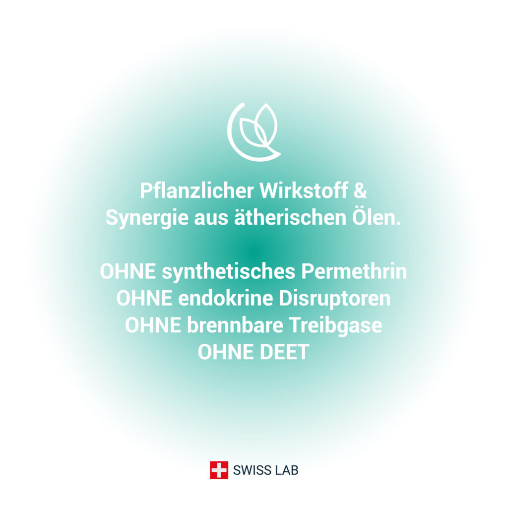 Pflanzlicher Wirkstoff & Synergie aus ätherischen Ölen - OHNE synthetisches Permethrin, OHNE DEET, OHNE endokrine Disruptoren, OHNE entflammbare Treibgase.