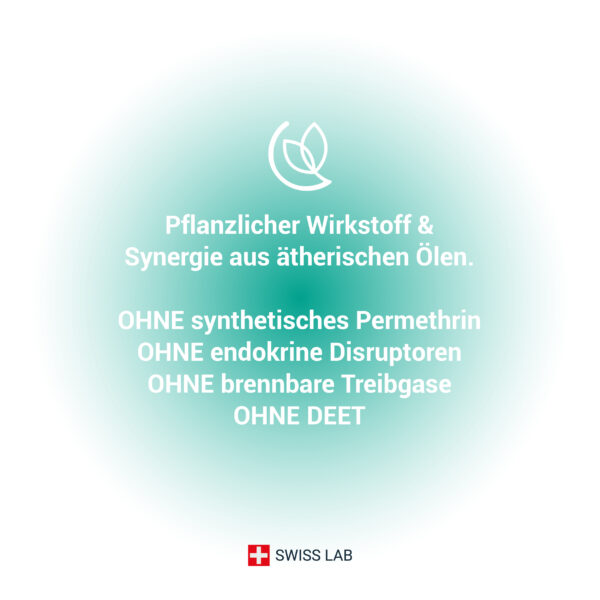 Pflanzlicher Wirkstoff & Synergie aus ätherischen Ölen - OHNE synthetisches Permethrin, OHNE DEET, OHNE endokrine Disruptoren, OHNE entflammbare Treibgase.