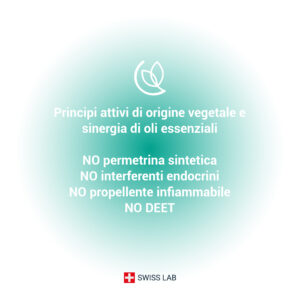 Principi attivi vegetali e sinergia di oli essenziali - NO permetrina sintetica, NO DEET, NO interferenti endocrini, NO propellente infiammabile.