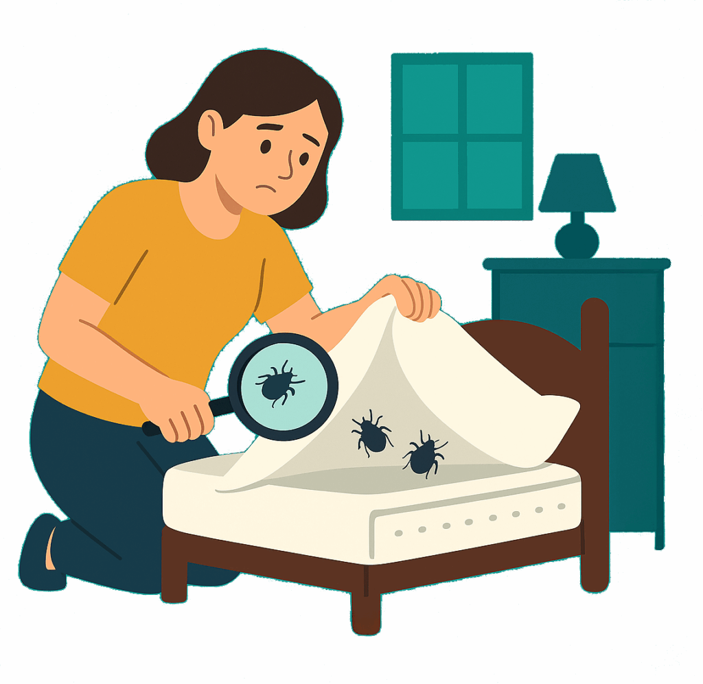 Femme inspectant un lit avec une loupe pour détecter la présence de punaises de lit sous le matelas